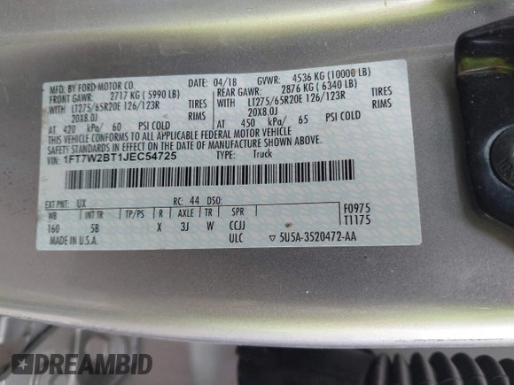 2018 Ford Super Duty F-250 SRW XL with VIN 1FT7W2BT1JEC54725, listed as a IAAI auction lot 41686825 with 50,756 mi miles. Bid and sale history available at carsss.com. Image 9.