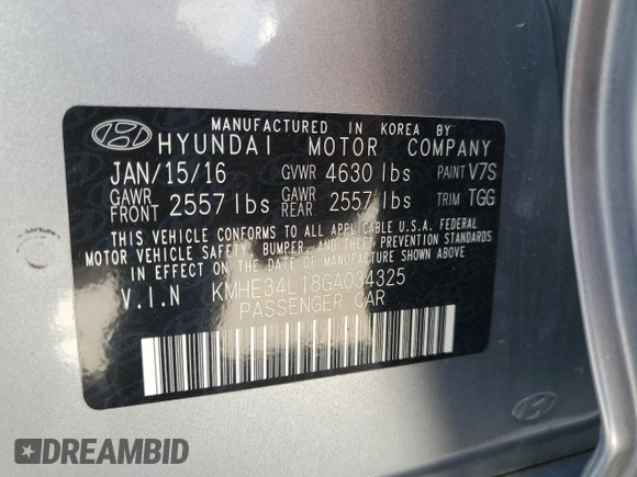 2016 Hyundai Sonata Hybrid Limited with VIN KMHE34L18GA034325, listed as a Copart auction lot 63405933 with 40,279 mi miles. Bid and sale history available at carsss.com. Image 12.