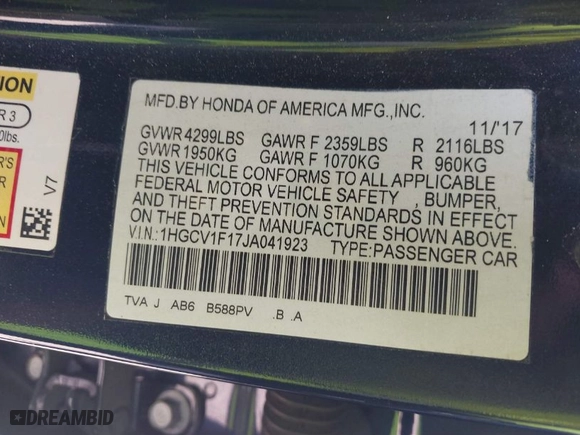 2018 Honda Accord Sedan LX 1.5T with VIN 1HGCV1F17JA041923, listed as a IAAI auction lot 41570258 with 68,497 mi miles. Bid and sale history available at carsss.com. Image 9.