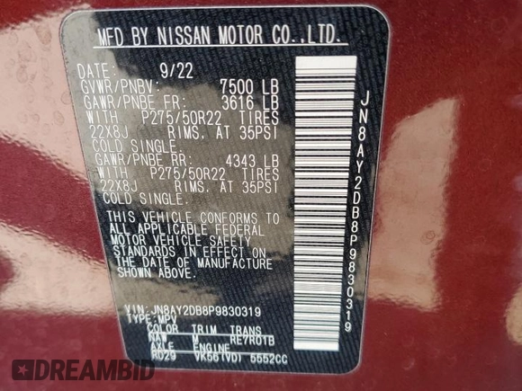 2023 Nissan Armada Platinum z VIN JN8AY2DB8P9830319, wystawiony jako Copart lot #76364214 z przebiegiem 39 534 mil mil oraz Szkoda całkowita • Salvage title. Historia ofert i sprzedaży dostępna na DreamBid. Obrazek 13.