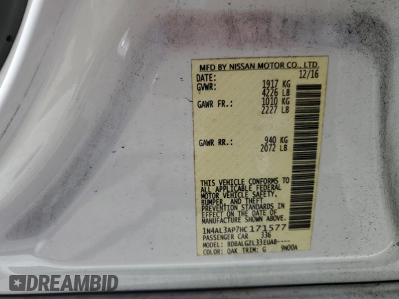 2017 Nissan Altima S with VIN 1N4AL3AP7HC171577, listed as a Copart auction lot 60812825 with 103,664 mi miles and Salvage title. Bid and sale history available at DreamBid. Image 13.