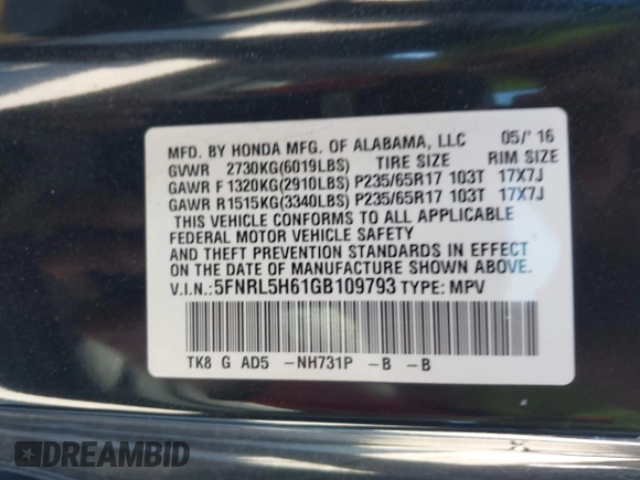 2016 Honda Odyssey EX-L with VIN 5FNRL5H61GB109793, listed as a IAAI auction lot 41827638 with 78,531 mi miles and . Bid and sale history available at DreamBid. Image 9.