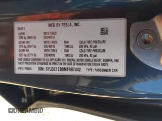 2021 Tesla Model 3 Long Range with VIN 5YJ3E1EB9MF997442, listed as a IAAI auction lot 41759875 with 87,059 mi miles. Bid and sale history available at carsss.com. Image 9.