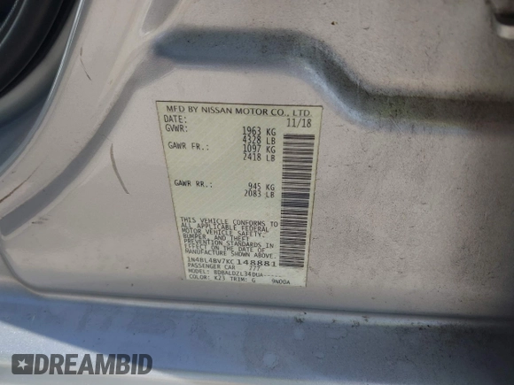 2019 Nissan Altima S with VIN 1N4BL4BV7KC148881, listed as a IAAI auction lot 41957694 with 130,465 mi miles and . Bid and sale history available at DreamBid. Image 9.