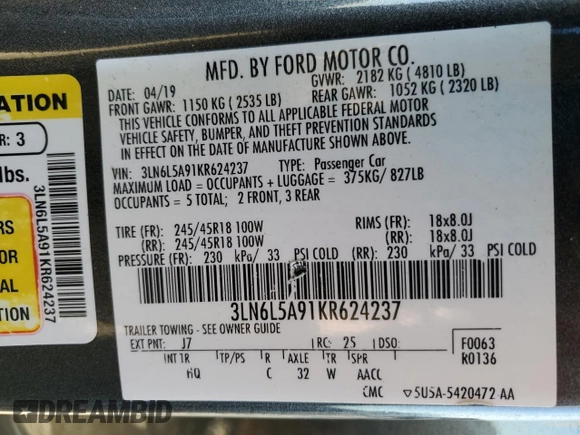 2019 Lincoln MKZ Standard with VIN 3LN6L5A91KR624237, listed as a Copart auction lot 52547115 with 52,105 mi miles and Salvage Title. Bid and sale history available at carsss.com. Image 14.