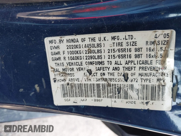 2005 Honda CR-V LX with VIN SHSRD78565U333972, listed as a IAAI auction lot 41894555 with 161,254 mi miles. Bid and sale history available at carsss.com. Image 9.