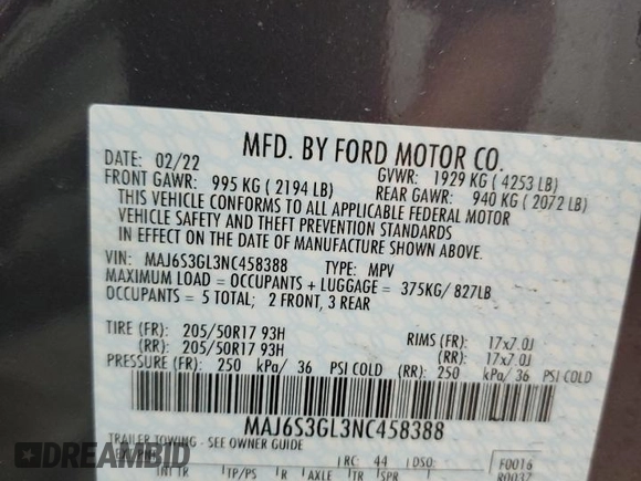 2022 Ford EcoSport SE z VIN MAJ6S3GL3NC458388, wystawiony jako Copart lot #54754375 z przebiegiem 4793 mil mil oraz Szkody całkowita. Historia ofert i sprzedaży dostępna na DreamBid. Obrazek 14.