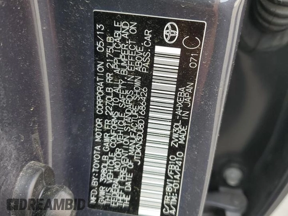 2013 Toyota Prius One with VIN JTDKN3DU8D1686426, listed as a Copart auction lot 50839775 with 115,044 mi miles and Salvage Title. Bid and sale history available at DreamBid. Image 12.