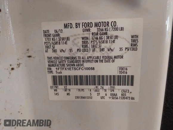 2012 Ford F-150 XL with VIN 1FTFX1ET5CFC10058, listed as a IAAI auction lot 40381269 with 262,296 mi miles. Bid and sale history available at carsss.com. Image 9.