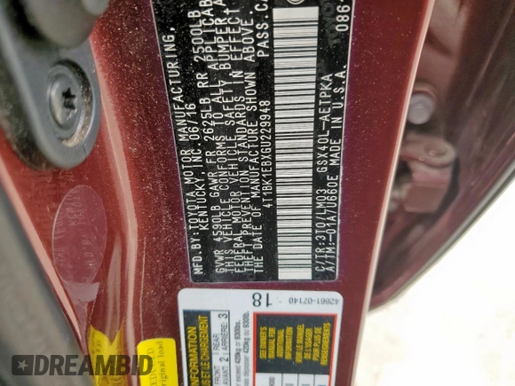 2016 Toyota Avalon Limited z VIN 4T1BK1EBXGU229948, wystawiony jako Copart lot #60930455 z przebiegiem 61 113 mil mil oraz Szkoda całkowita • Salvage title. Historia ofert i sprzedaży dostępna na DreamBid. Obrazek 12.