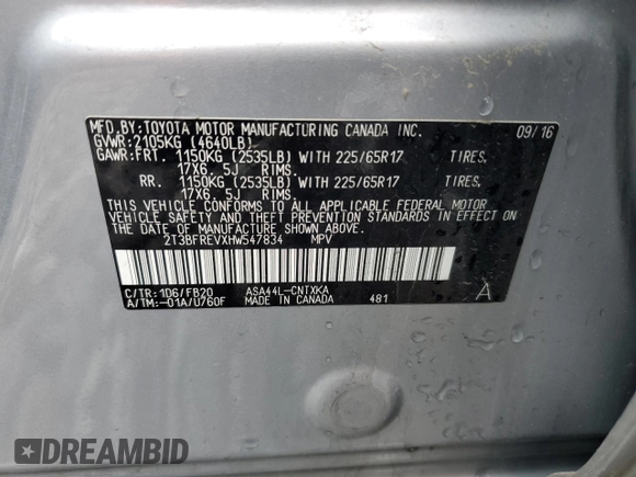 2017 Toyota RAV4 LE z VIN 2T3BFREVXHW547834, wystawiony jako Copart lot #57886525 z przebiegiem 97 586 mil mil oraz Szkoda całkowita • Salvage title. Historia ofert i sprzedaży dostępna na DreamBid. Obrazek 13.