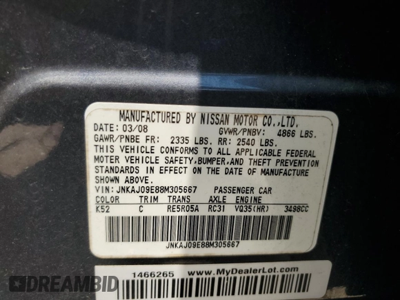 2008 Infiniti EX Journey with VIN JNKAJ09E88M305667, listed as a Copart auction lot 66666774 with 109,293 mi miles and Salvage Title. Bid and sale history available at carsss.com. Image 14.