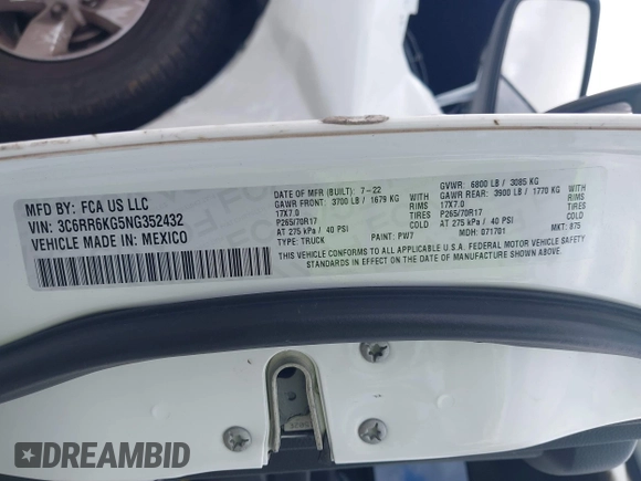 2022 Ram 1500 Tradesman z VIN 3C6RR6KG5NG352432, wystawiony jako IAAI lot #41528831 z przebiegiem 36 717 mil mil oraz . Historia ofert i sprzedaży dostępna na DreamBid. Obrazek 9.
