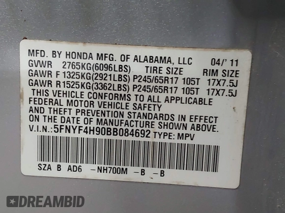 2011 Honda Pilot Touring with VIN 5FNYF4H90BB084692, listed as a IAAI auction lot 41867622 with 62,805 mi miles. Bid and sale history available at carsss.com. Image 9.
