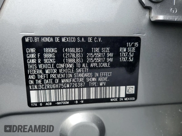 2016 Honda HR-V EX-L w/Navi with VIN 3CZRU6H75GM726387, listed as a Copart auction lot 50386725 with 61,916 mi miles and Salvage Title. Bid and sale history available at carsss.com. Image 13.