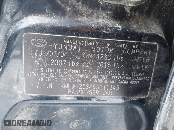 2005 Hyundai Sonata GL with VIN KMHWF25S45A111145, listed as a Copart auction lot 87283834 with 226,338 mi miles and Salvage Title. Bid and sale history available at carsss.com. Image 12.