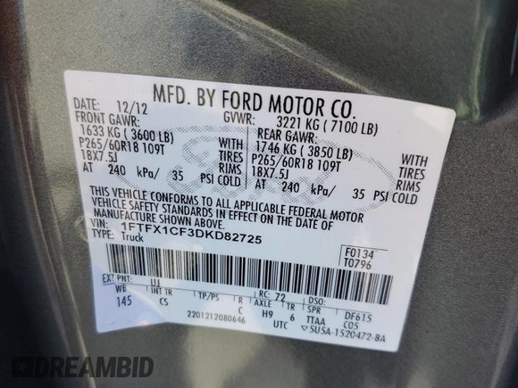 2013 Ford F-150 XL with VIN 1FTFX1CF3DKD82725, listed as a Copart auction lot 51815795 with 157,860 mi miles and Salvage Title. Bid and sale history available at carsss.com. Image 12.