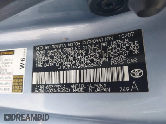2008 Scion tC Spec with VIN JTKDE167280265407, listed as a IAAI auction lot 42036067 with 57,462 mi miles and . Bid and sale history available at DreamBid. Image 9.