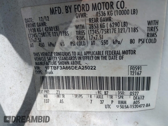 2013 Ford F-350 XL with VIN 1FTBF3A66DEA25022, listed as a IAAI auction lot 41850426 with 163,898 mi miles and . Bid and sale history available at DreamBid. Image 9.