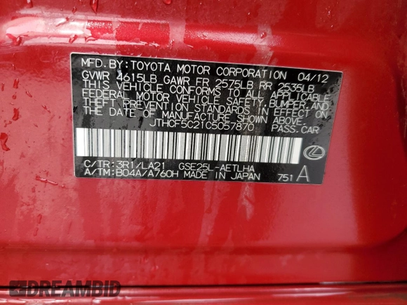 2012 Lexus IS 250 with VIN JTHCF5C21C5057870, listed as a Copart auction lot 54561375 with 102,727 mi miles and Salvage Title. Bid and sale history available at DreamBid. Image 12.