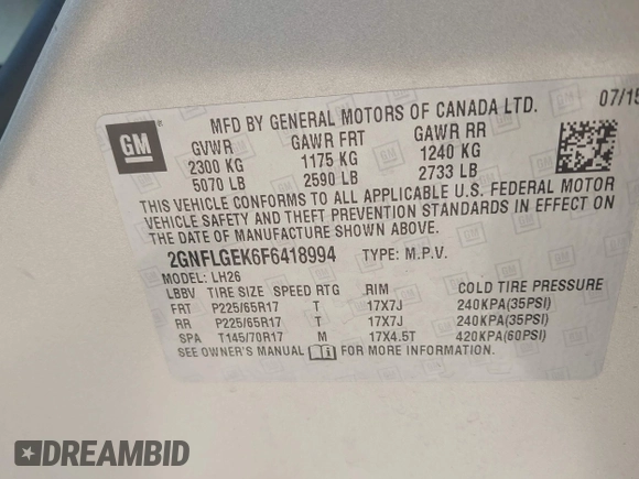 2015 Chevrolet Equinox LT with VIN 2GNFLGEK6F6418994, listed as a IAAI auction lot 42054421 with 79,398 mi miles. Bid and sale history available at carsss.com. Image 9.
