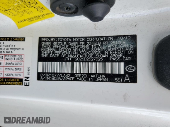2013 Lexus IS 250 C with VIN JTHFF2C26D2527325, listed as a Copart auction lot 55351065 with Not provided miles and Salvage title. Bid and sale history available at DreamBid. Image 12.