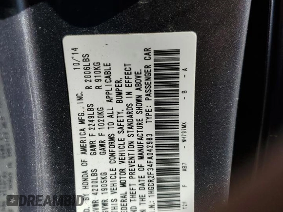 2015 Honda Accord Sedan LX with VIN 1HGCR2F34FA042983, listed as a Copart auction lot 52967885 with 250,164 mi miles and Salvage Title. Bid and sale history available at carsss.com. Image 15.