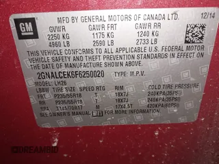 2015 Chevrolet Equinox LT with VIN 2GNALCEK6F6250020, listed as a IAAI auction lot 41853161 with 124,912 mi miles. Bid and sale history available at carsss.com. Image 9.