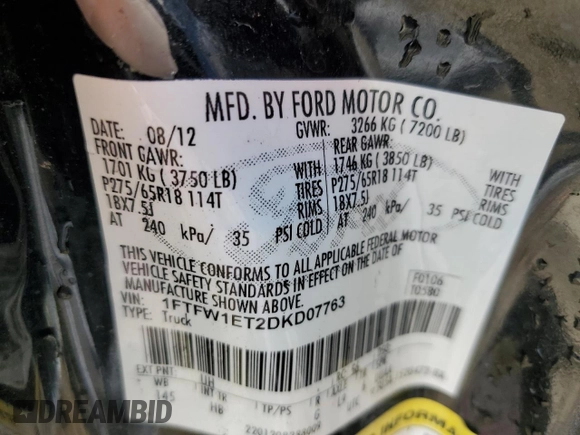 2013 Ford F-150 XL with VIN 1FTFW1ET2DKD07763, listed as a Copart auction lot 82213934 with Not provided miles and Non repairable. Bid and sale history available at DreamBid. Image 12.