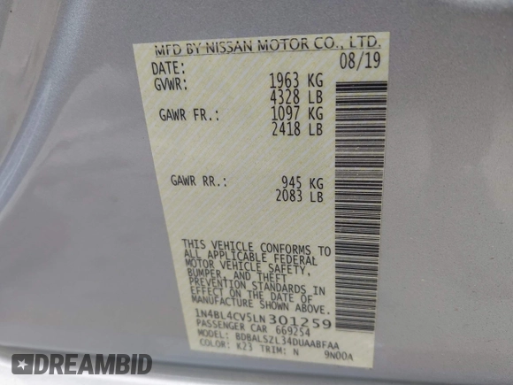 2020 Nissan Altima SR z VIN 1N4BL4CV5LN301259, wystawiony jako IAAI lot #42150709 z przebiegiem 52 512 mil mil oraz . Historia ofert i sprzedaży dostępna na DreamBid. Obrazek 9.