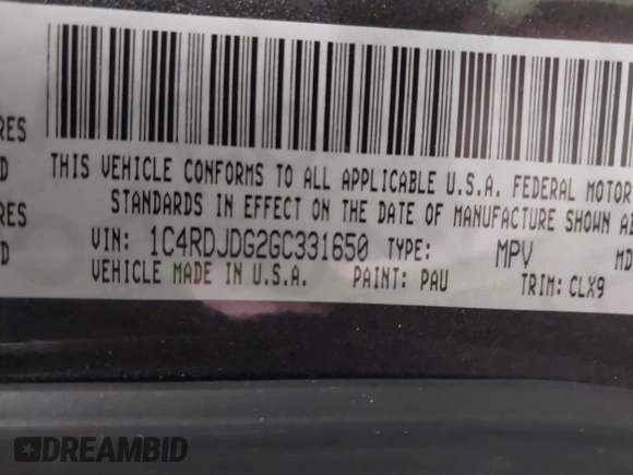2016 Dodge Durango Limited with VIN 1C4RDJDG2GC331650, listed as a IAAI auction lot 41639192 with 132,269 mi miles and . Bid and sale history available at DreamBid. Image 9.