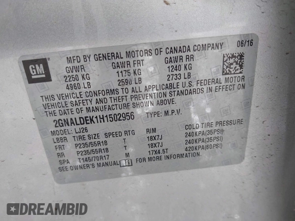 2017 Chevrolet Equinox Premier with VIN 2GNALDEK1H1502956, listed as a IAAI auction lot 41695403 with 98,915 mi miles. Bid and sale history available at carsss.com. Image 9.