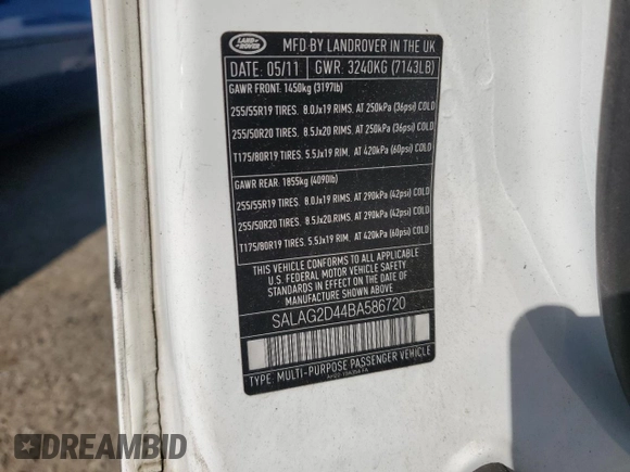 2011 Land Rover LR4 HSE with VIN SALAG2D44BA586720, listed as a Copart auction lot 59786795 with Not provided miles and Salvage title. Bid and sale history available at DreamBid. Image 12.