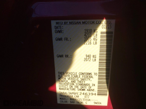 2015 Nissan Altima 2.5 S with VIN 1N4AL3AP6FC246394, listed as a IAAI auction lot 41052317 with 195,388 mi miles. Bid and sale history available at carsss.com. Image 9.