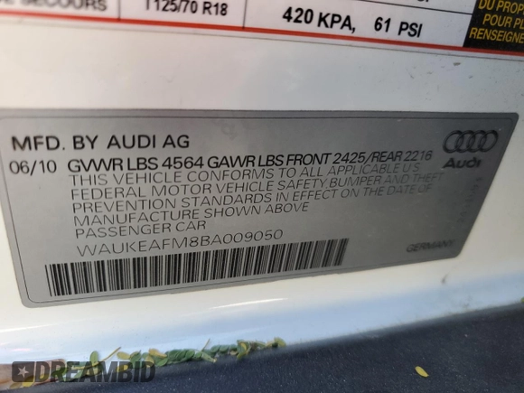 2011 Audi A3 Premium Plus with VIN WAUKEAFM8BA009050, listed as a Copart auction lot 78326054 with 108,614 mi miles and Salvage title. Bid and sale history available at DreamBid. Image 13.