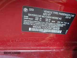 2016 BMW 3 Series 320i with VIN WBA8E1G52GNT38408, listed as a IAAI auction lot 41716438 with 50,207 mi miles and . Bid and sale history available at carsss.com. Image 9.
