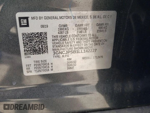 2020 Chevrolet Trax LT with VIN 3GNCJPSB1LL142227, listed as a Copart auction lot 50274935 with 32,695 mi miles and Salvage Title. Bid and sale history available at carsss.com. Image 13.
