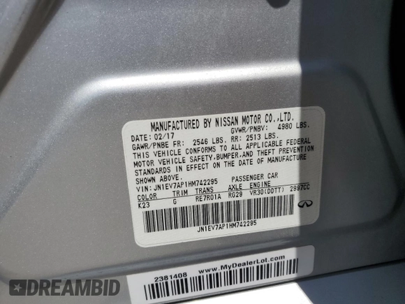 2017 Infiniti Q50 Sport with VIN JN1EV7AP1HM742295, listed as a Copart auction lot 61851655 with 69,227 mi miles and Salvage title. Bid and sale history available at DreamBid. Image 12.