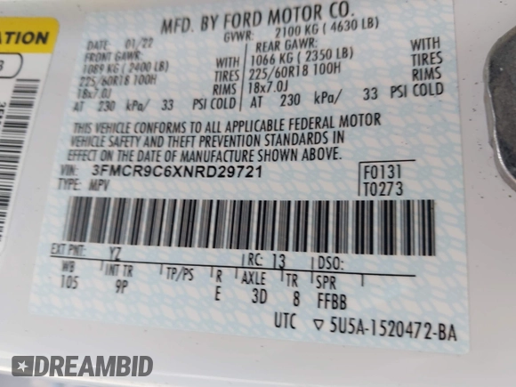 2022 Ford Bronco Sport Outer Banks с VIN 3FMCR9C6XNRD29721, выставлен на аукционе IAAI как лот 42318060 с пробегом 41 262 миль миль и . История ставок и продаж доступна на DreamBid. Изображение 9.