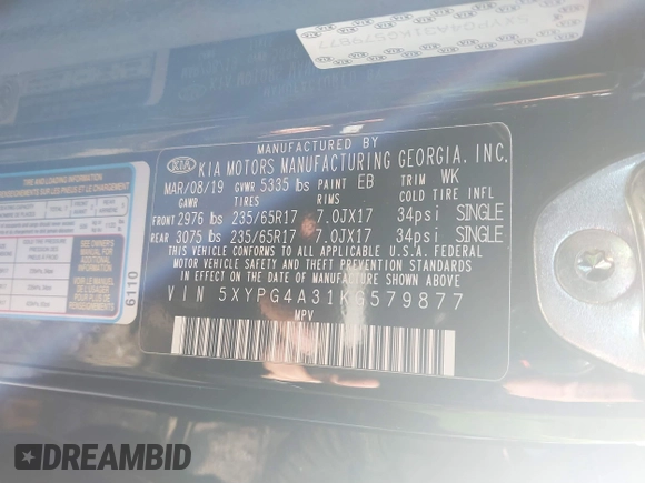 2019 Kia Sorento LX with VIN 5XYPG4A31KG579877, listed as a IAAI auction lot 41342414 with 32,549 mi miles. Bid and sale history available at carsss.com. Image 9.