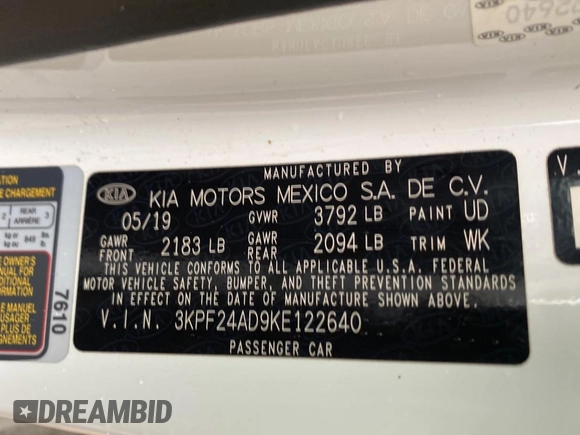 2019 Kia Forte LXS with VIN 3KPF24AD9KE122640, listed as a Copart auction lot 59232695 with 158,160 mi miles and Clean title. Bid and sale history available at DreamBid. Image 10.
