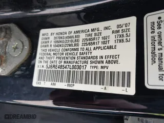 2007 Honda CR-V EX with VIN 5J6RE48547L003017, listed as a IAAI auction lot 41980181 with 187,952 mi miles. Bid and sale history available at carsss.com. Image 9.