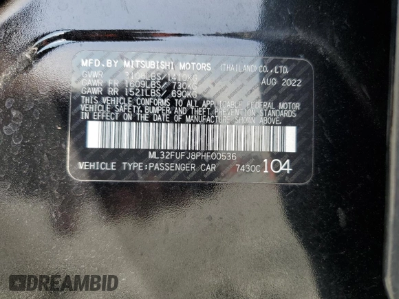 2023 Mitsubishi Mirage ES with VIN ML32FUFJ8PHF00536, listed as a Copart auction lot 51511005 with 65,635 mi miles and Salvage title. Bid and sale history available at DreamBid. Image 14.