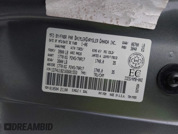2006 Dodge 1500 SLT with VIN 1D7HU18216S601553, listed as a IAAI auction lot 42257206 with Not provided miles and . Bid and sale history available at DreamBid. Image 9.