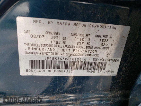 2008 Mazda 3 S Touring with VIN JM1BK343X81810444, listed as a Copart auction lot 50779035 with 129,463 mi miles and Salvage Title. Bid and sale history available at DreamBid. Image 14.