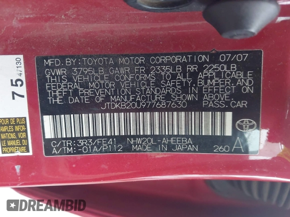 2007 Toyota Prius z VIN JTDKB20U977687630, wystawiony jako IAAI lot #41939185 z przebiegiem 392 988 mil mil oraz . Historia ofert i sprzedaży dostępna na DreamBid. Obrazek 9.