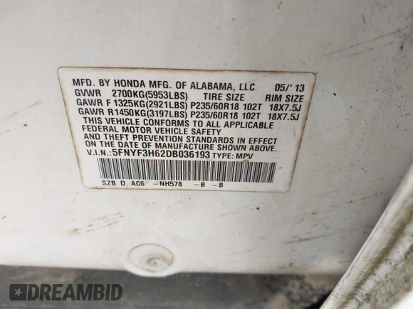 2013 Honda Pilot EX-L с VIN 5FNYF3H62DB036193, выставлен на аукционе IAAI как лот 42387366 с пробегом 206 117 миль миль и . История ставок и продаж доступна на DreamBid. Изображение 9.