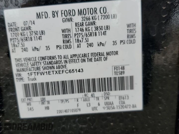 2014 Ford F-150 XL with VIN 1FTFW1ETXEFC65143, listed as a Copart auction lot 55366185 with 160,846 mi miles and Clean Title. Bid and sale history available at carsss.com. Image 12.