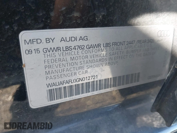 2016 Audi A4 Premium with VIN WAUAFAFL0GN012721, listed as a IAAI auction lot 41675837 with 46,419 mi miles. Bid and sale history available at carsss.com. Image 9.