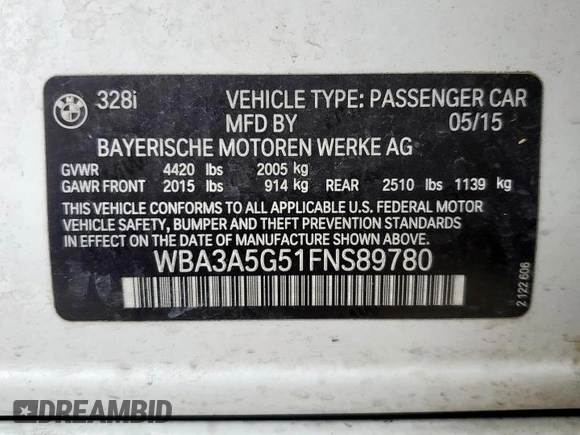 2015 BMW 3 Series 328i with VIN WBA3A5G51FNS89780, listed as a Copart auction lot 59128835 with 118,836 mi miles and Salvage title. Bid and sale history available at DreamBid. Image 12.